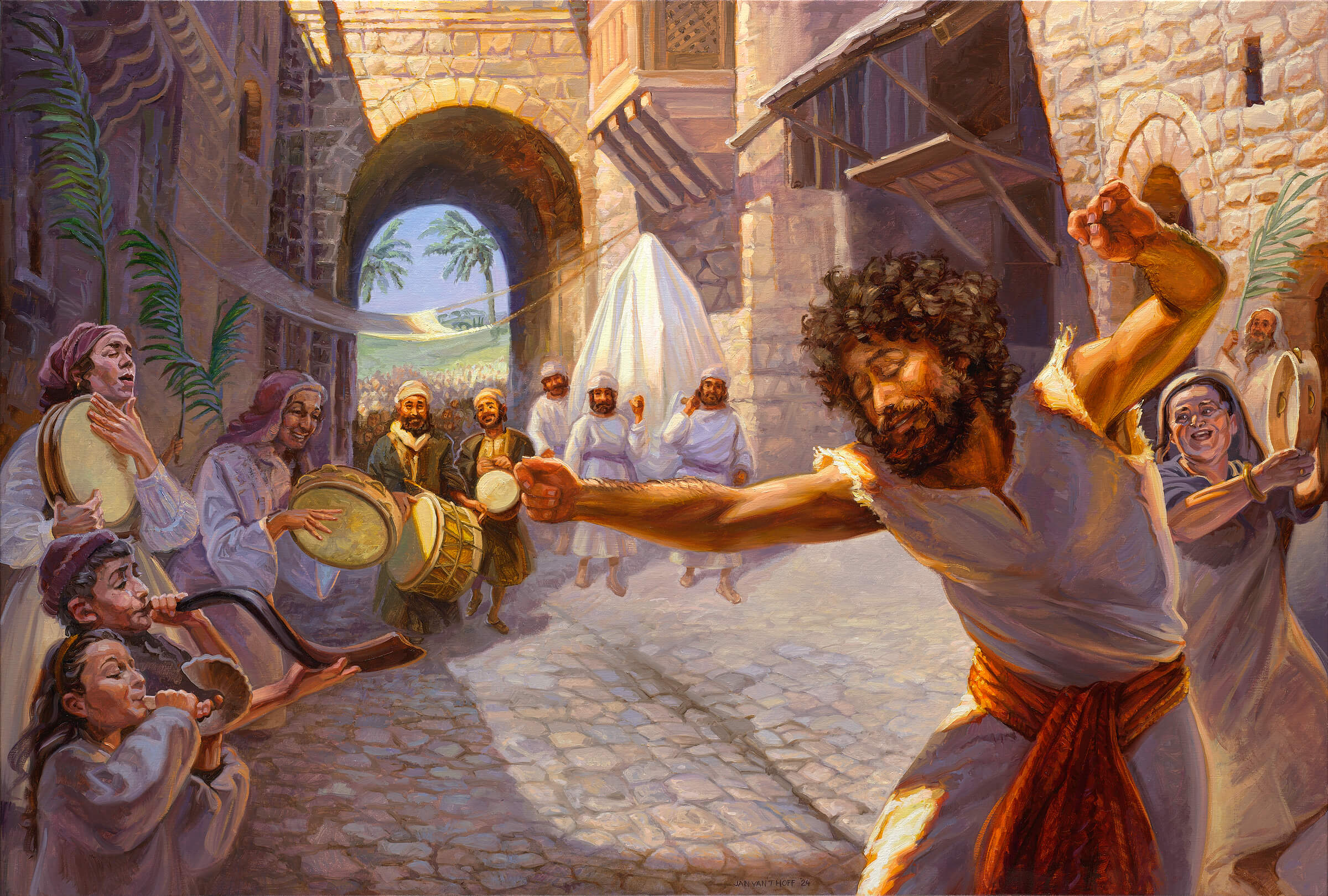 David brengt de ark in Jeruzalem